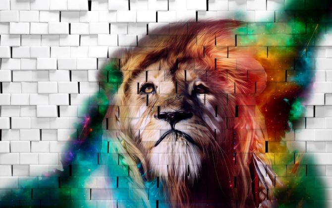Фотошпалери 3Д лев на тлі цегляної стіни