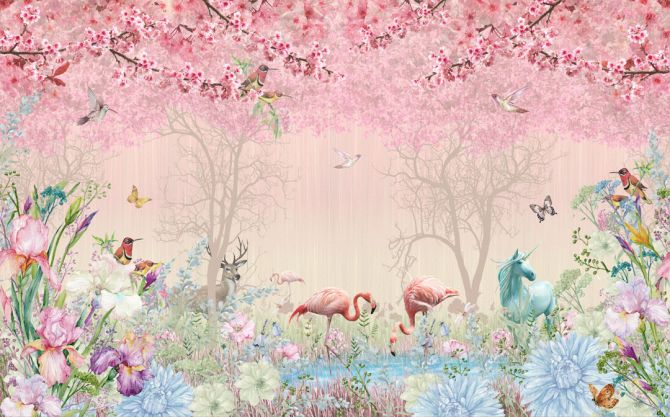 Фотообои Розовые фламинго в райском саду