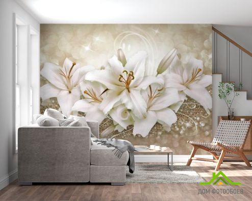 выбрать Фотообои Золотые лилии 3d Фотообои Фотообои Цветы: картинка, белая, коричневый  на стену