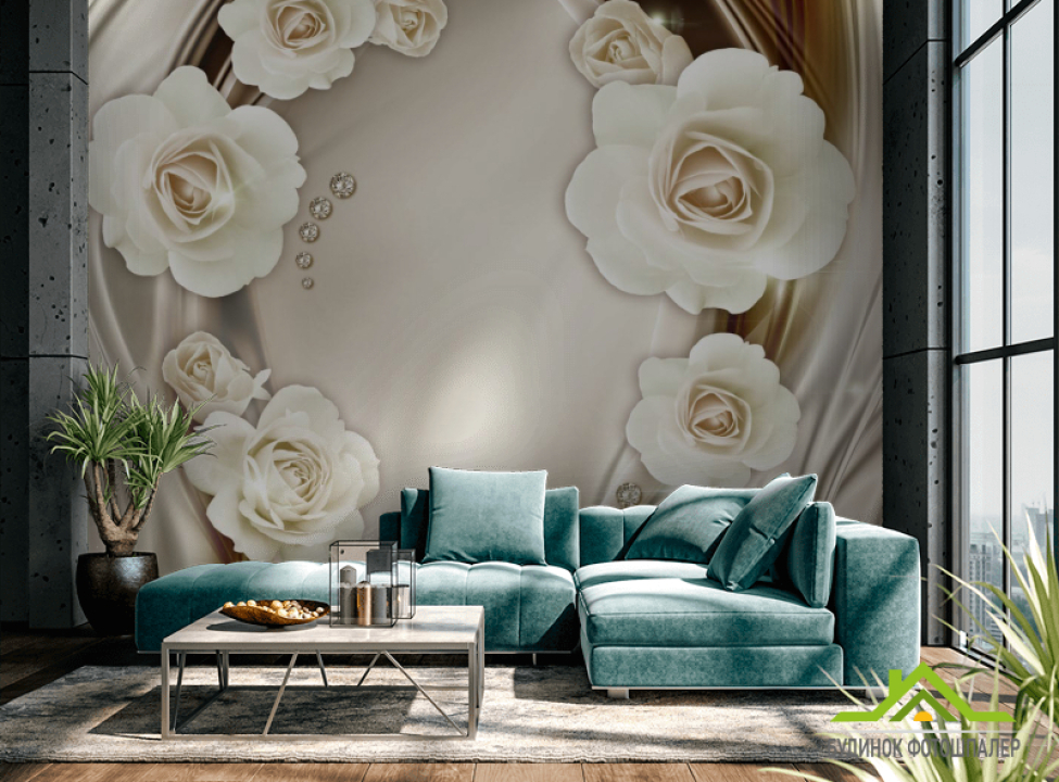 выбрать Фотообои Белые 3д цветы с камнями Фотообои 3Д на стену