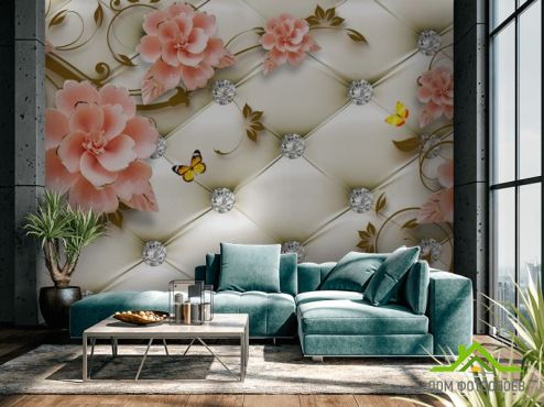 выбрать Фотообои Керамические цветы на фоне оббивки  на стену