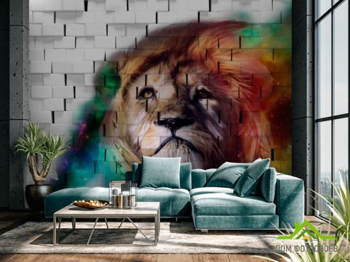 выбрать Фотообои 3д лев на фоне кирпичной стены  на стену