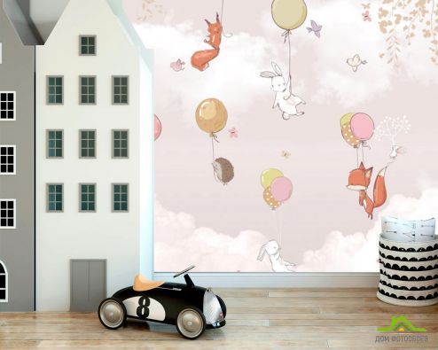 выбрать Фотошпалери Звірі на повітряних кульках у рожевому небі Фотошпалери Little kids на стіну