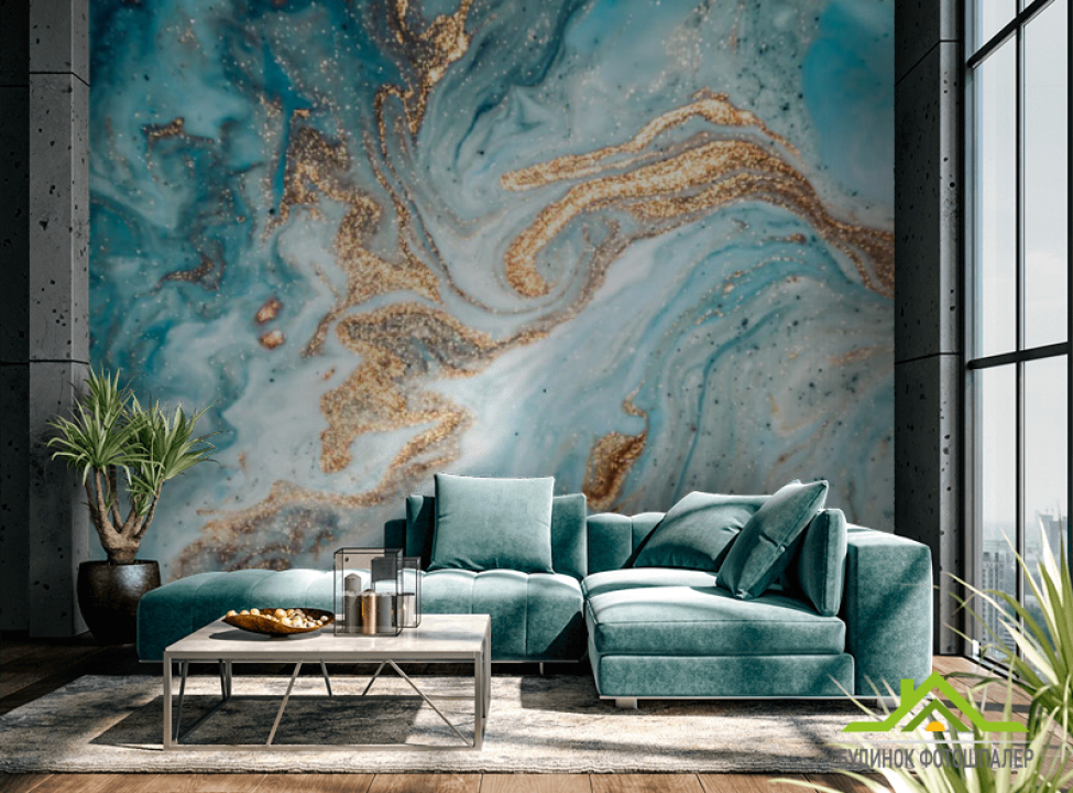 выбрать Фотообои Голубой fluid art с золотом Каталог фотообоев на стену