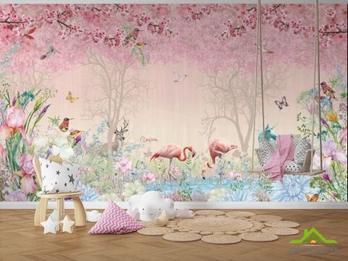 выбрать Фотообои Розовые фламинго в райском саду Фотообои Фотообои в детскую: горизонталная, горизонтальная ориентация на стену