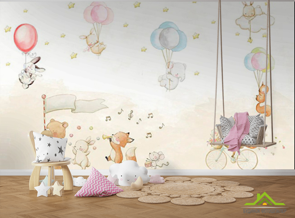 выбрать Фотообои зверюшки на воздушных шариках Каталог фотообоев на стену