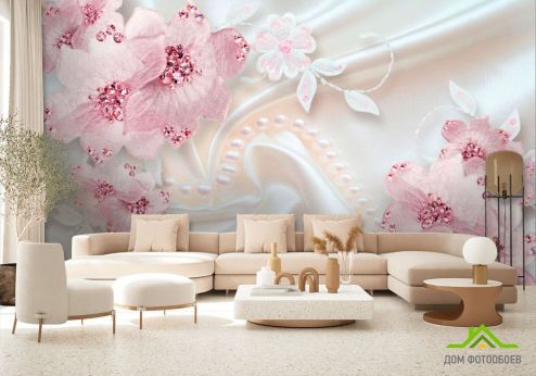 выбрать Фотообои Розовые цветы на атласе Фотообои, цвет: «» на стену