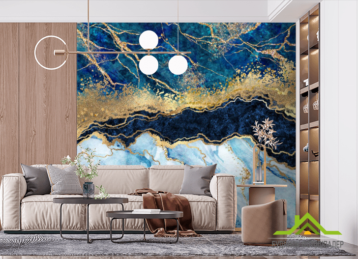 Фотообои Синий Fluid art с золотом