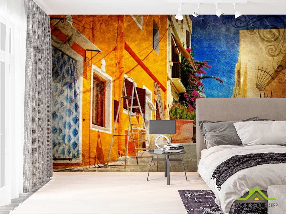 Фотообои Цветы в горшках на фоне дома