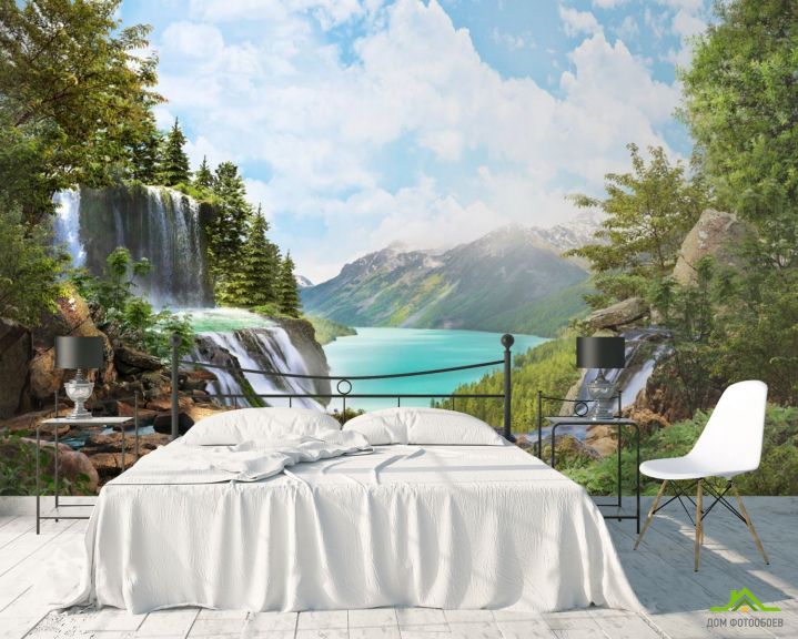 Фотообои водопад над озером в горах