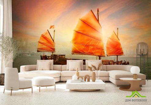 выбрать Фотошпалери Корабель з помаранчевими вітрилами Фотошпалери Море на стіну
