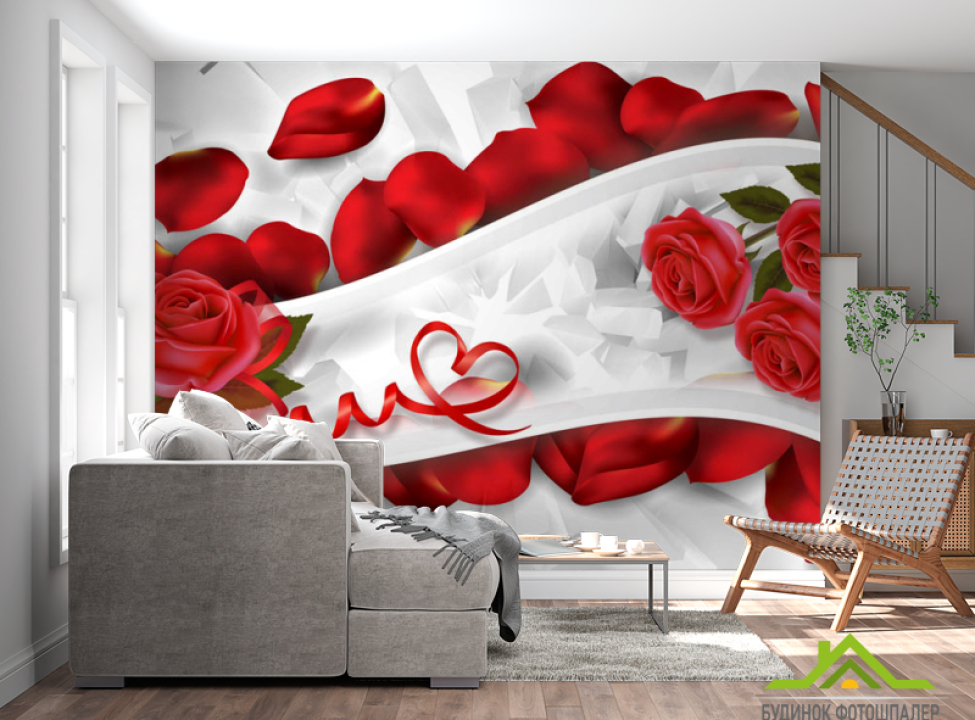 выбрать Фотошпалери Червоні троянди зі стрічками Каталог фотошпалер на стіну