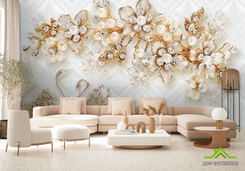 выбрать Фотообои Золотые брошки и лебеди Фотообои Фотообои 3D цветы : горизонталная, горизонтальная ориентация на стену