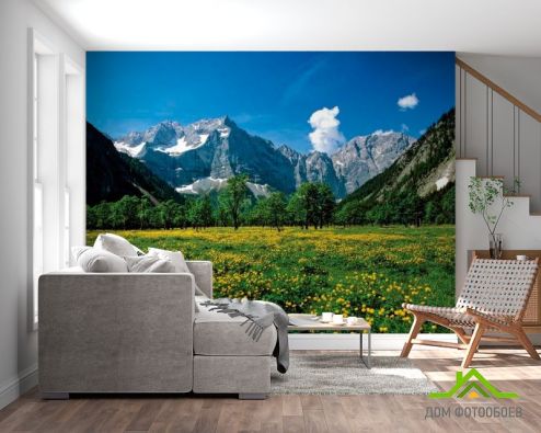 выбрать Фотообои Цветочный луг горы Фотообои Фотообои Природа: фото, зелений, зеленый  на стену