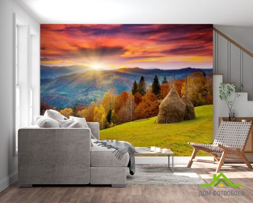 выбрать Фотообои стоги сена в горах Фотообои, цвет: «горизонталная, горизонтальная» на стену