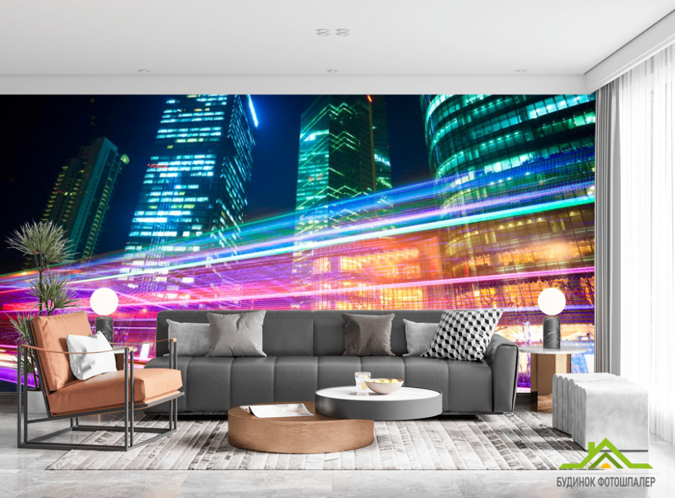 выбрать Фотообои Цветомузыка ночного города Фотообои Современный город на стену