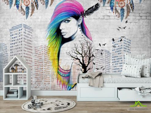 выбрать Фотообои цветные волосы и высотки  на стену