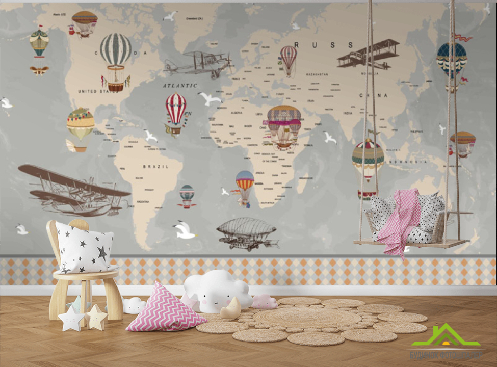 выбрать Фотообои Карта детская с самолетами и слоями по английски Каталог фотообоев на стену