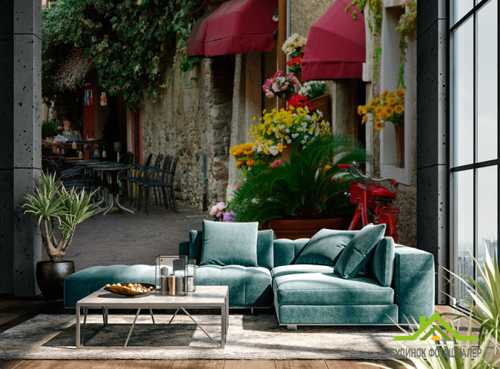 выбрать Фотообои Кафе на улочке с цветами Каталог фотообоев на стену