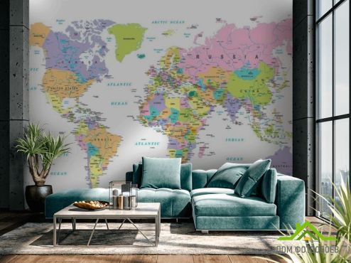 выбрать Фотошпалери різнобарвна карта світу на білому тлі Фотошпалери карта Світу на стіну