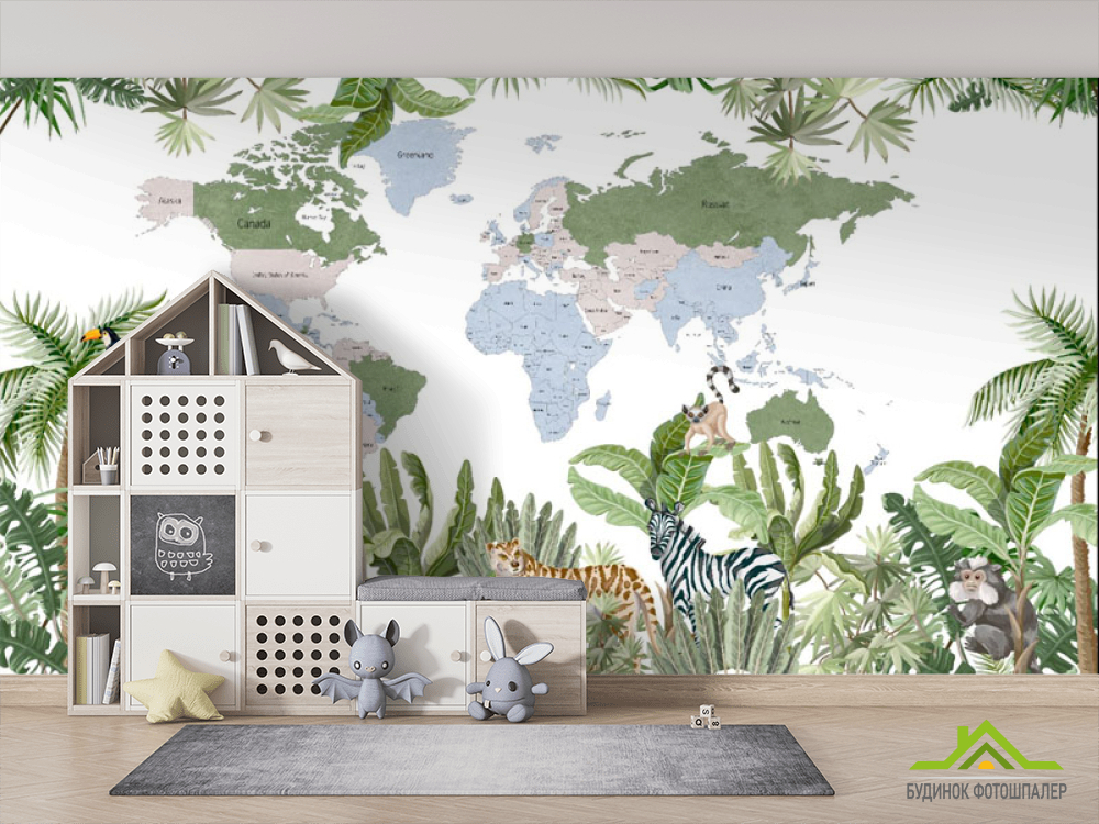 Фотошпалери карта дитяча з тропічним лісом і тваринами англійською