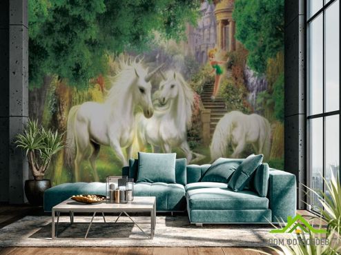 выбрать Фотообои Единороги в лесу Фотообои Фотообои Дизайнерские фрески: горизонталная, горизонтальная, зелений, зеленый ориентация на стену