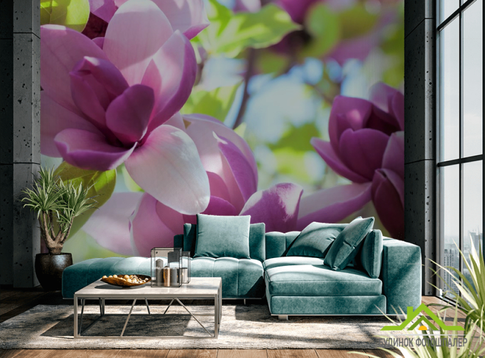 выбрать Фотообои бело-фиолетовые цветы на дереве Каталог фотообоев на стену