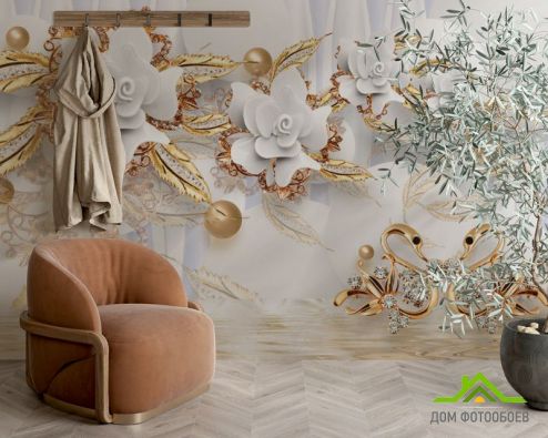 выбрать Фотообои Керамические цветы с золотом Фотообои Фотообои 3D барельеф: горизонталная, горизонтальная ориентация на стену