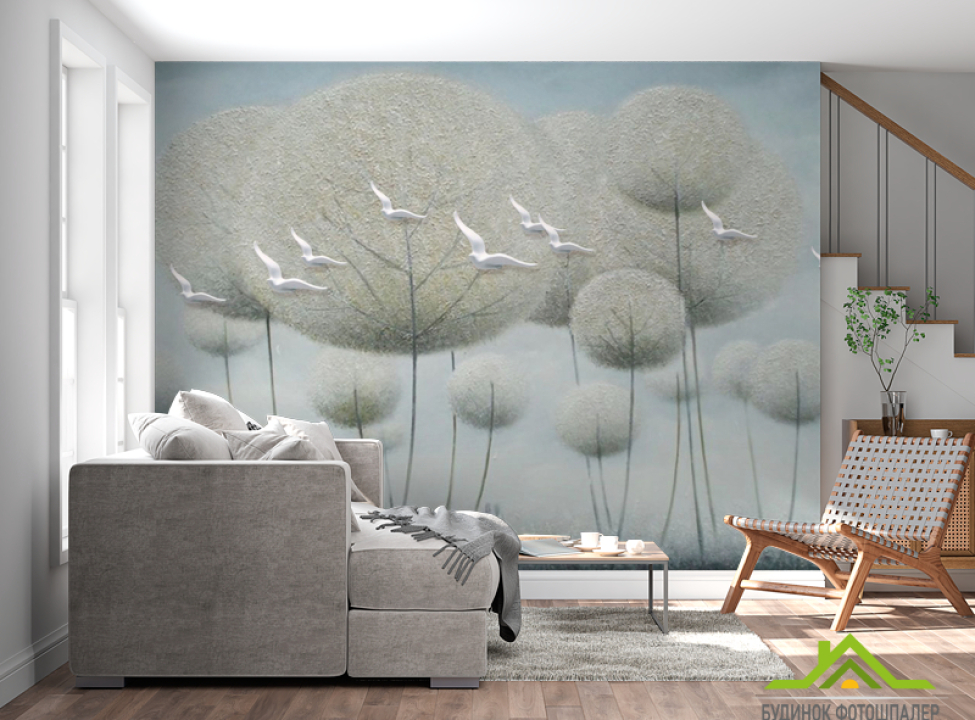 выбрать Фотообои Одуванчики с птичками барельеф Каталог фотообоев на стену