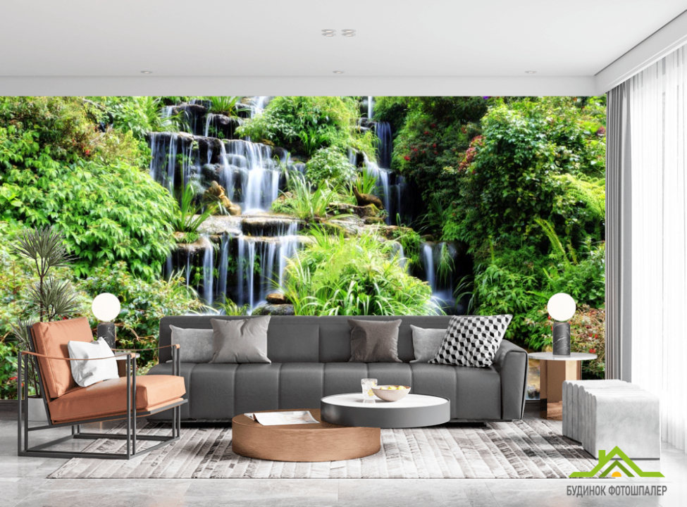 выбрать Фотообои водопад среди зелени Каталог фотообоев на стену