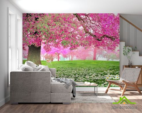 выбрать Фотошпалери Рожеве дерево та олень Фотошпалери Фотошпалери Природа: квадратна, горизонтальна орієнтація на стіну