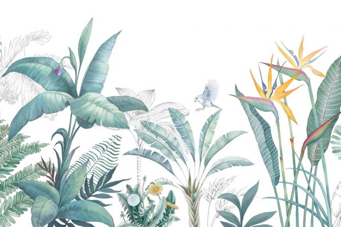Фотообои рисованные листья и птичка