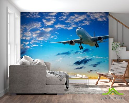 выбрать Фотошпалери Літак в хмарах Фотошпалери Фотошпалери Транспорт: квадратна, горизонтальна, блакитний орієнтація на стіну