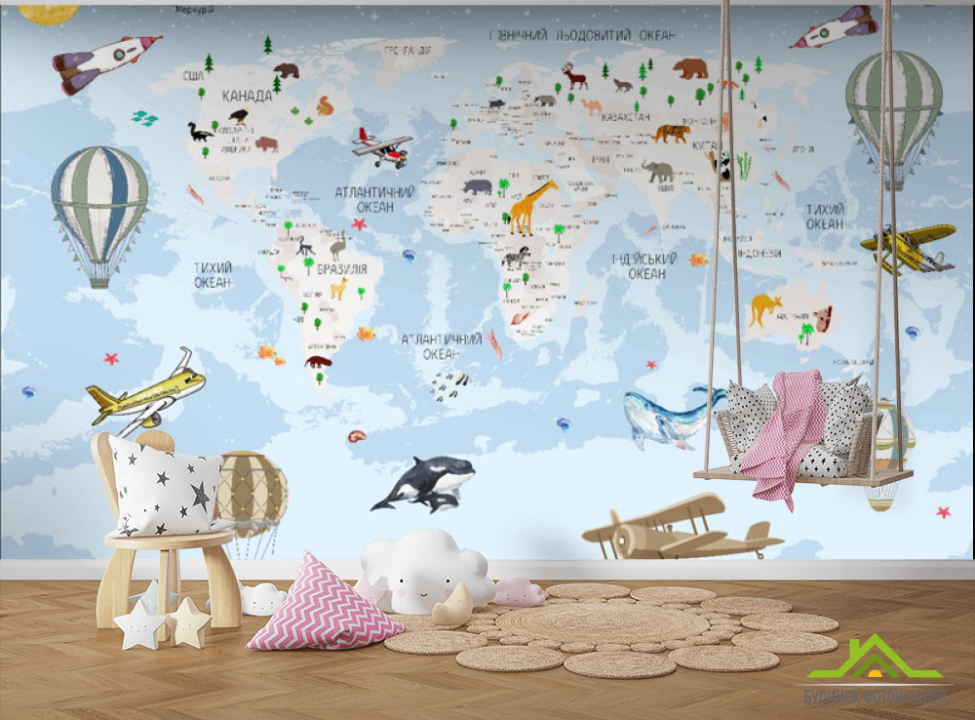 выбрать Фотошпалери карта дитяча з планетами, кулями і літаками Каталог фотошпалер на стіну