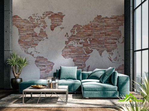 выбрать Фотообои Карта на стене из кирпичей Фотообои Фотообои карта Мира: горизонталная, горизонтальная ориентация на стену