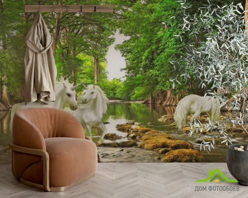 выбрать Фотошпалери Білі єдинороги в лісі Фотошпалери Фотошпалери Дизайнерські фрески: квадратна, горизонтальна орієнтація на стіну