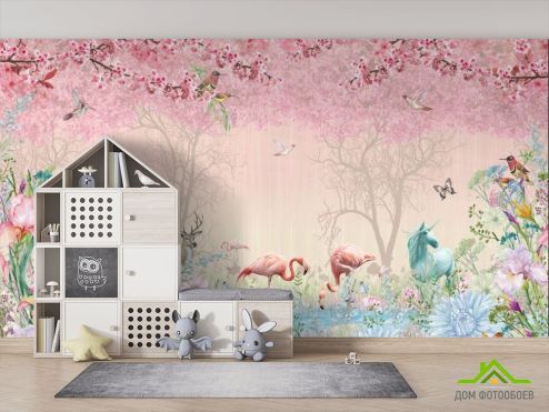 выбрать Фотообои Розовые фламинго в райском саду Фотообои в детскую на стену