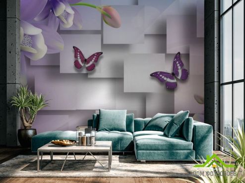 выбрать Фотошпалери Квіти з метеликами Фіолетові фотошпалери на стіну