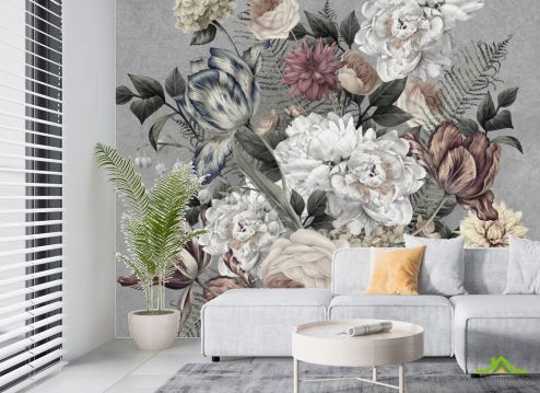 выбрать Фотообои Винтажные цветы на сером Фотообои в гостиную: горизонталная, горизонтальная ориентация на стену