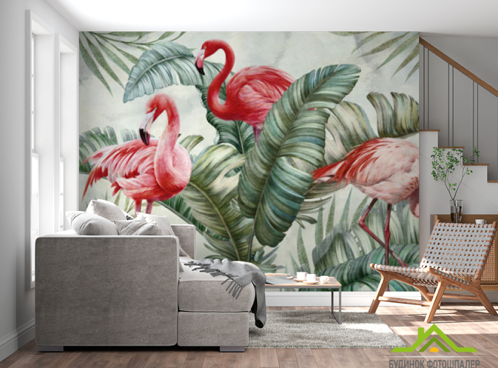 выбрать Фотошпалери фламінго і тропічні листя Каталог фотошпалер на стіну