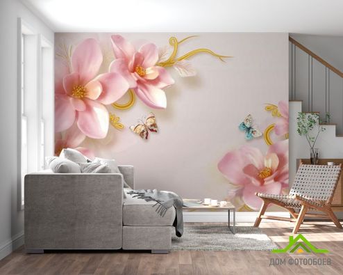 выбрать Фотообои Красивые цветы и бабочки Фотообои 3D фотообои: горизонталная, горизонтальная ориентация на стену