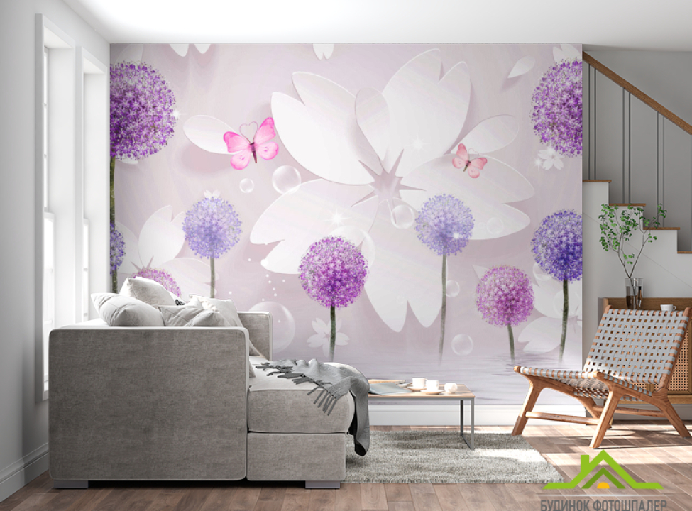 выбрать Фотообои Фиолетовые 3д одуванчики Каталог фотообоев на стену