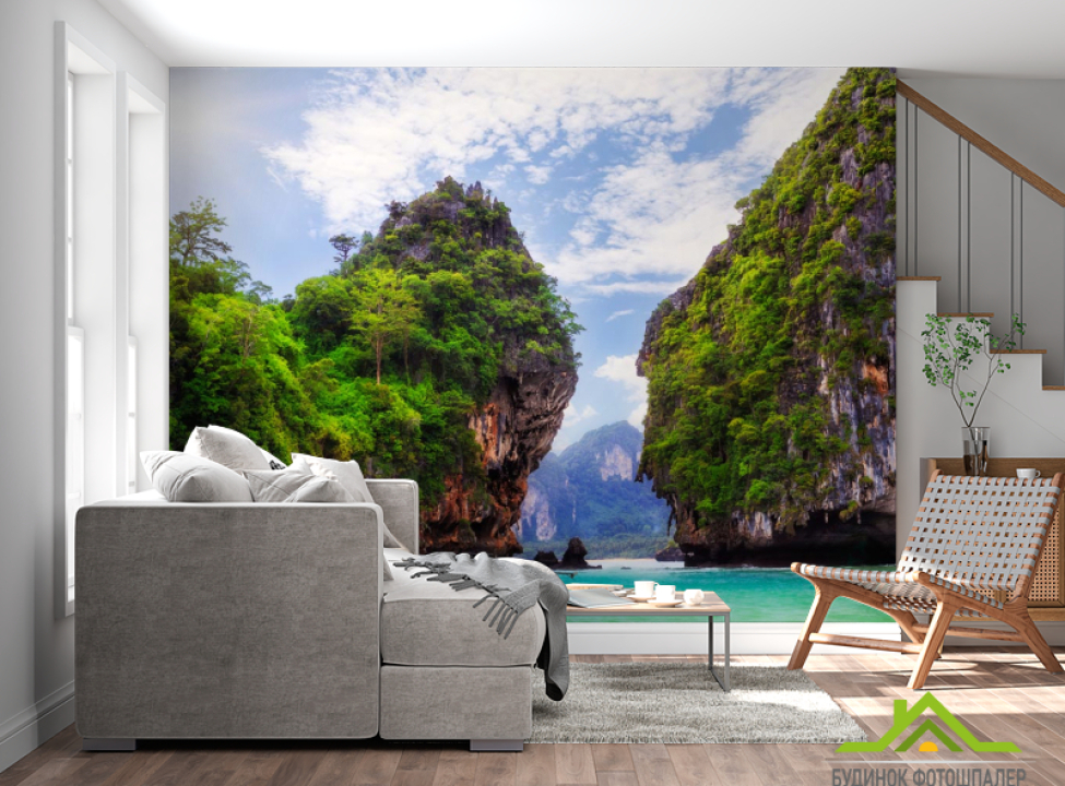 выбрать Фотообои лодка у скал Каталог фотообоев на стену