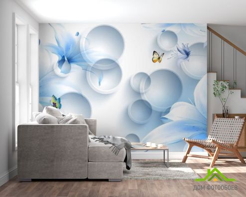 выбрать Фотошпалери Сині квіти з метеликами Фотошпалери 3Д на стіну