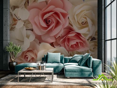 выбрать Фотошпалери білі і рожеві троянди з паперу Фотошпалери Квіти на стіну