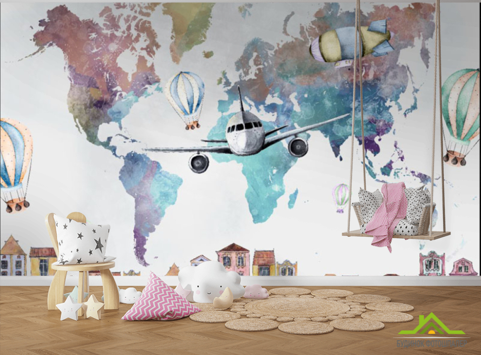 выбрать Фотообои Акварельная карта цветная с домиками, самолетом и шарами. Каталог фотообоев на стену