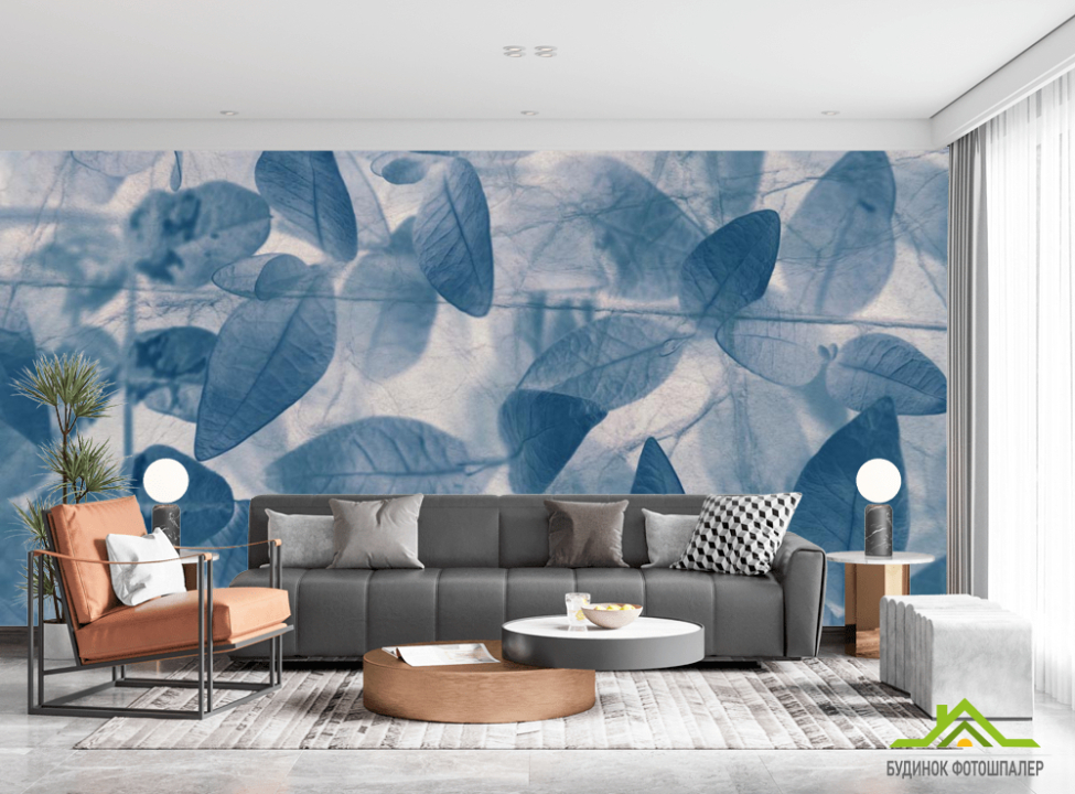 выбрать Фотошпалери сіро-блакитні листя Каталог фотошпалер на стіну