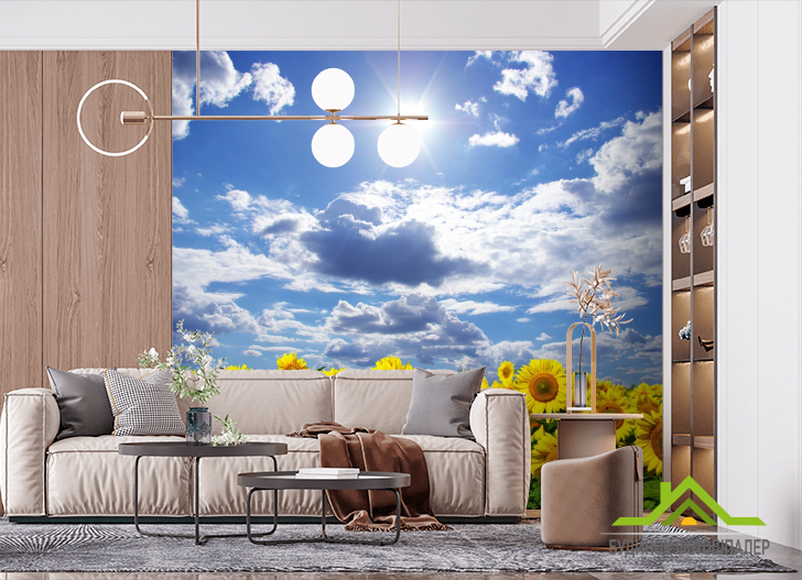 Фотообои подсолнухи, небо и солнце