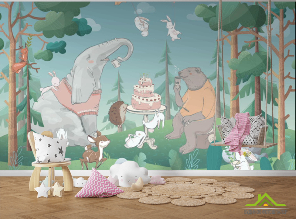 выбрать Фотошпалери Звірі на пікніку в лісі Фотошпалери Little kids на стіну