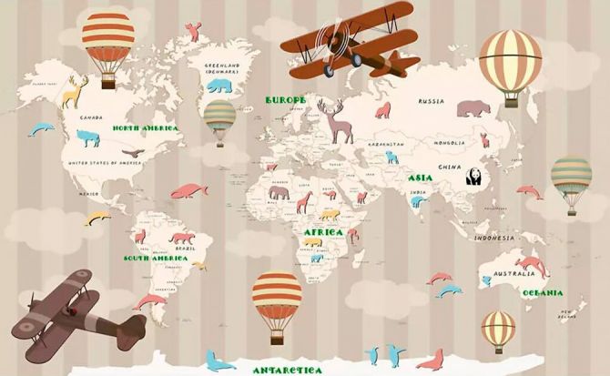 Фотообои карта мира с животными и самолетами